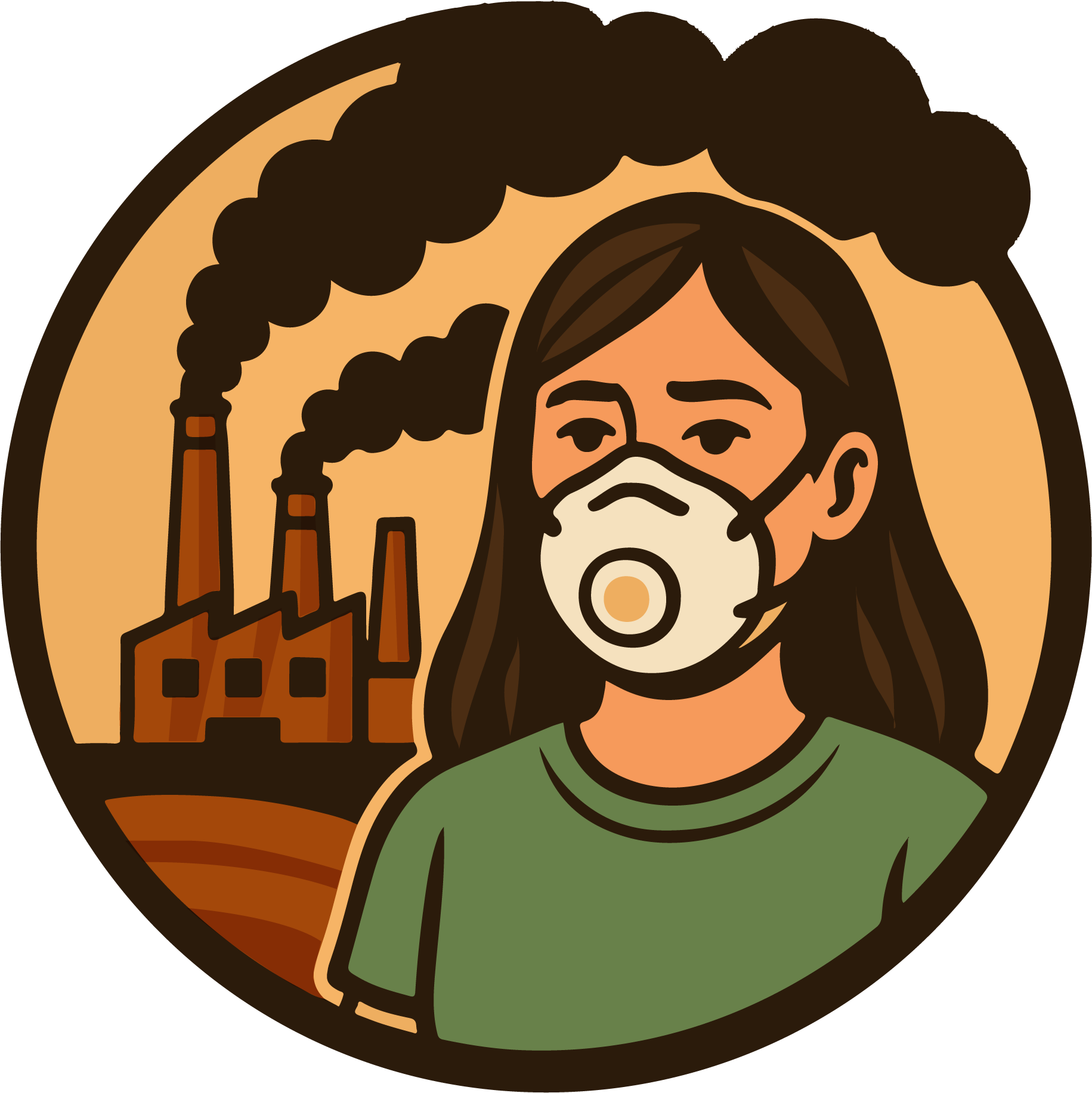 Mujer usando cubrebocas con una fábrica en el fondo echando humo sucio al aire.